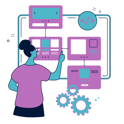 Get Smart Integrations Woman standing in front of a flow chart indicating systems that connect to each other and pass information between each other