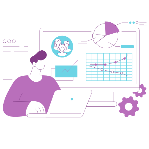 Get Smart Reports and Insights Man on laptop with a dashboard showing charts in the background