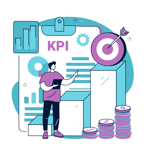 Get Smart Benchmarking Man with a clipboard standing in front of a giant clipboard surrounded by charts, a target, coins and the letters KPI