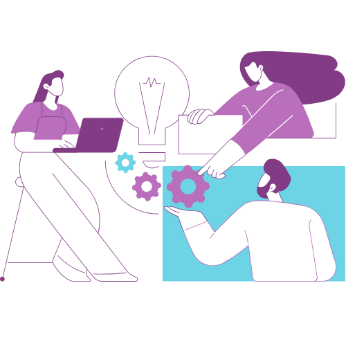 Get Smart Real Time Feedback A woman on a laptop with a lightbulb centred between two other people touching cogs indicating action