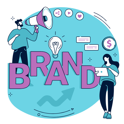 Get Smart Survey Branding Man using a megaphone and a woman on a tablet device with the word BRAND capitalised